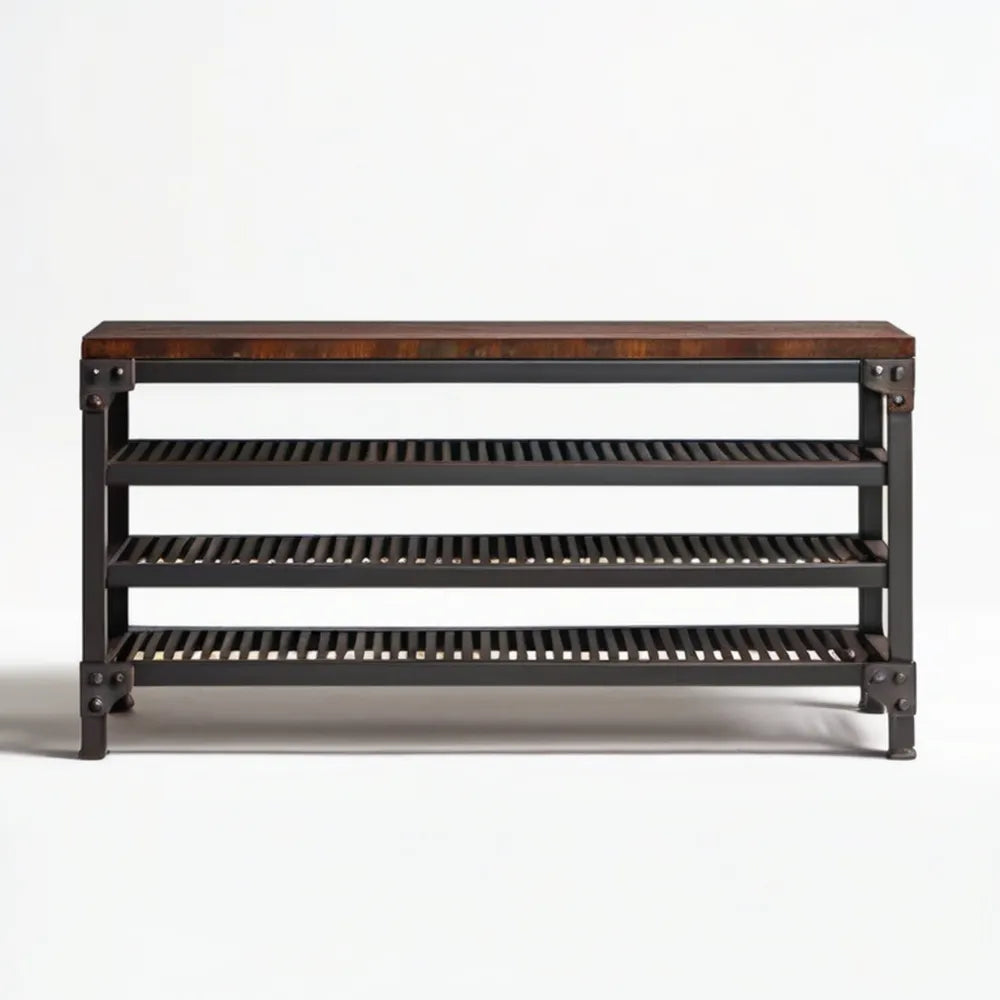 Industrialna szafka na buty z 3 półkami, stal i lite drewno, brązowo-czarna, 100 x 30 x 50 cm