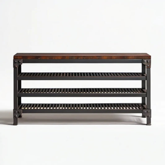 Industrialna szafka na buty z 3 półkami, stal i lite drewno, brązowo-czarna, 100 x 30 x 50 cm